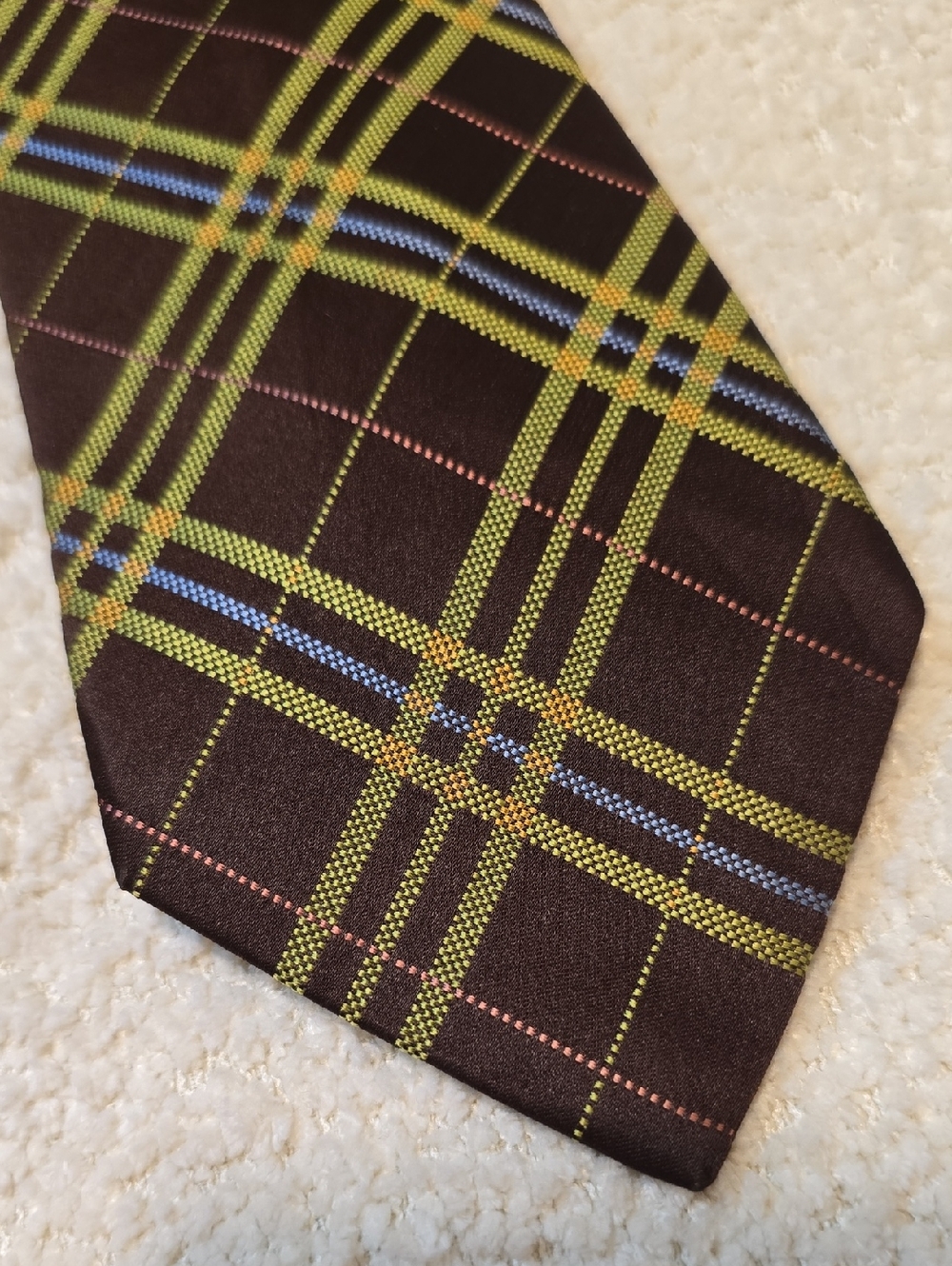 Merona 100% Silk Brown Plaid Tie with Green and Blue Windowpane